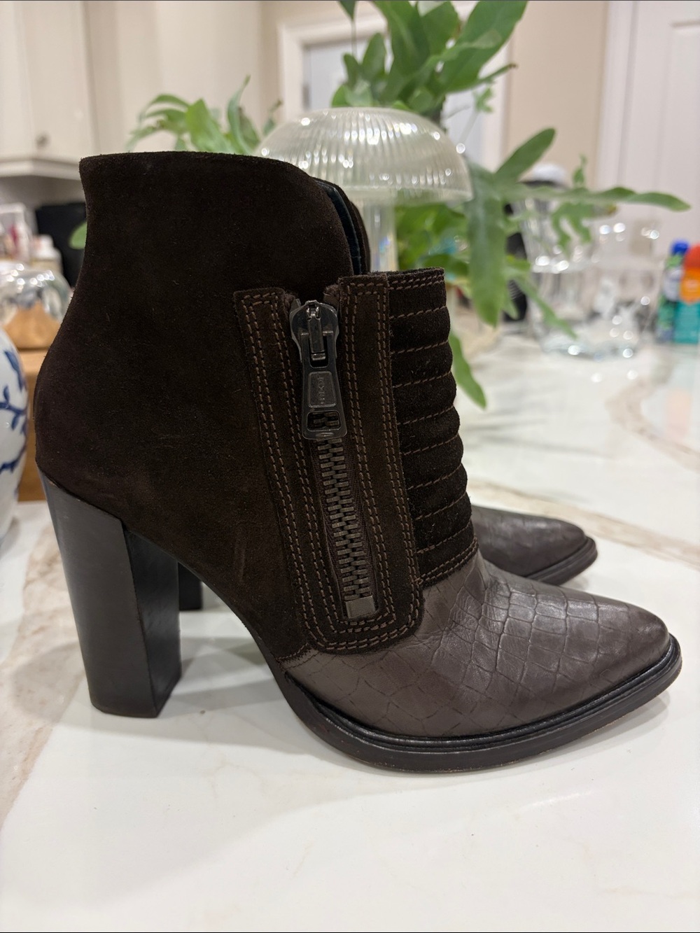 All Saints Reflection Croc-Embossed & Suede Dark Brown Ankle 3.5” heel 
Booties
